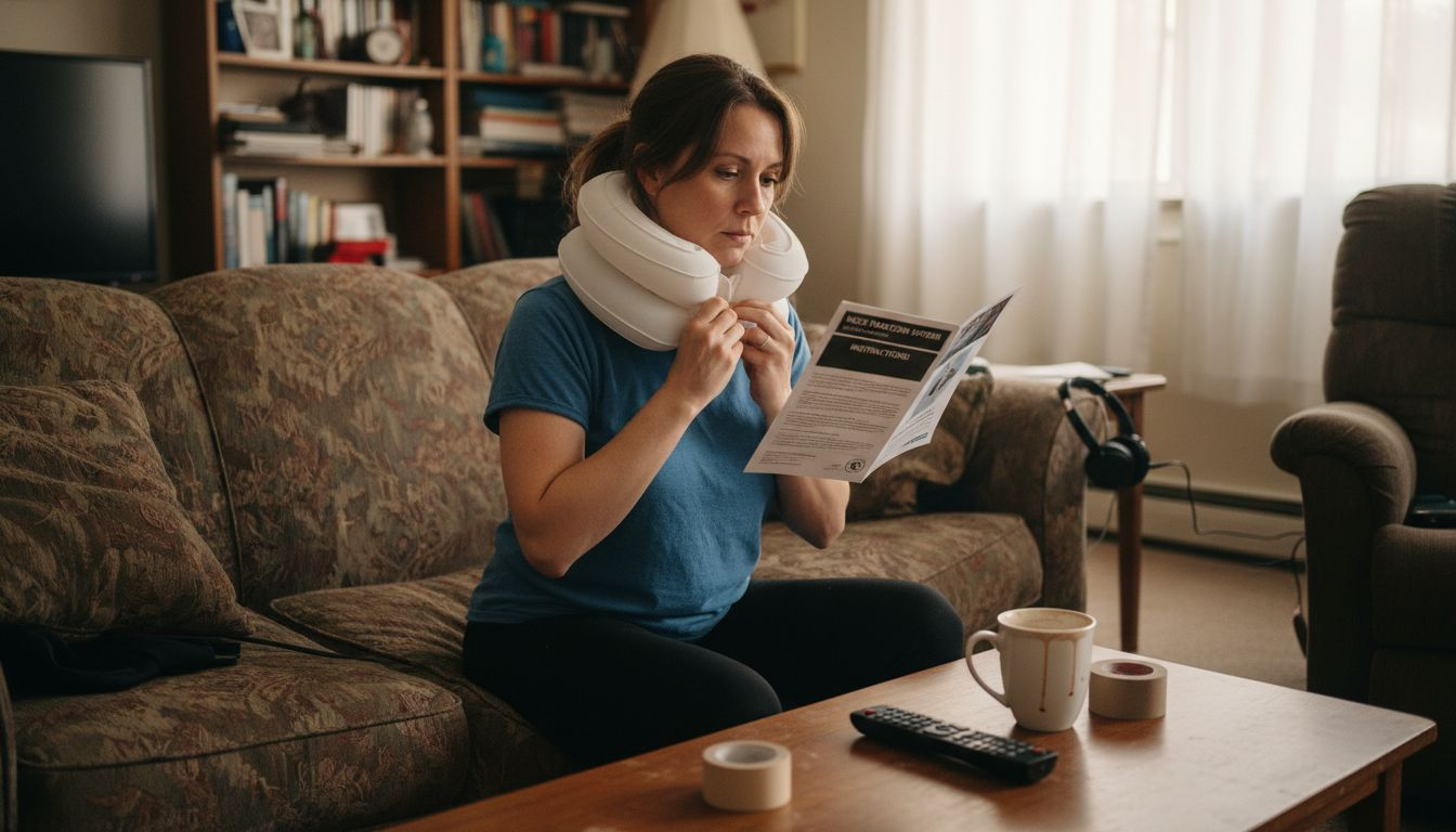 Woman reading brochure using neck traction device