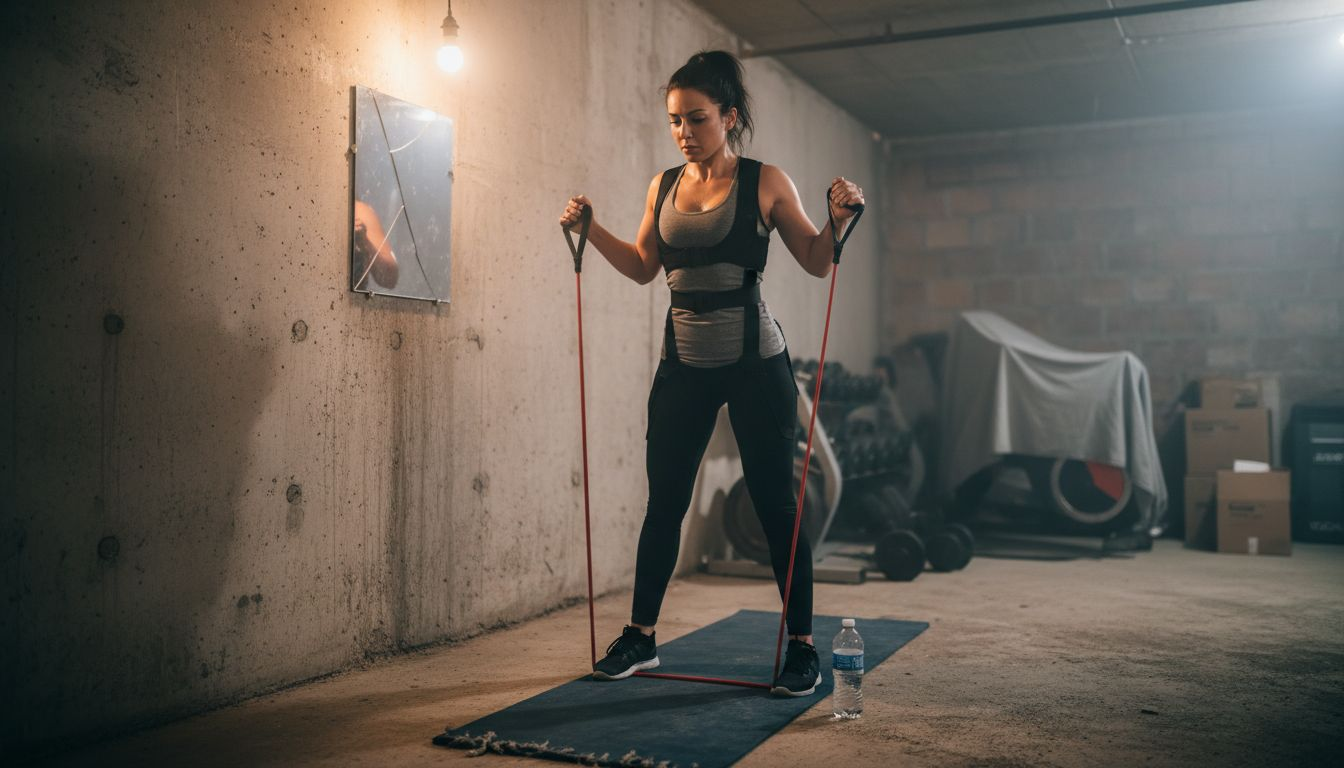 Woman exercising wearing posture corrector device