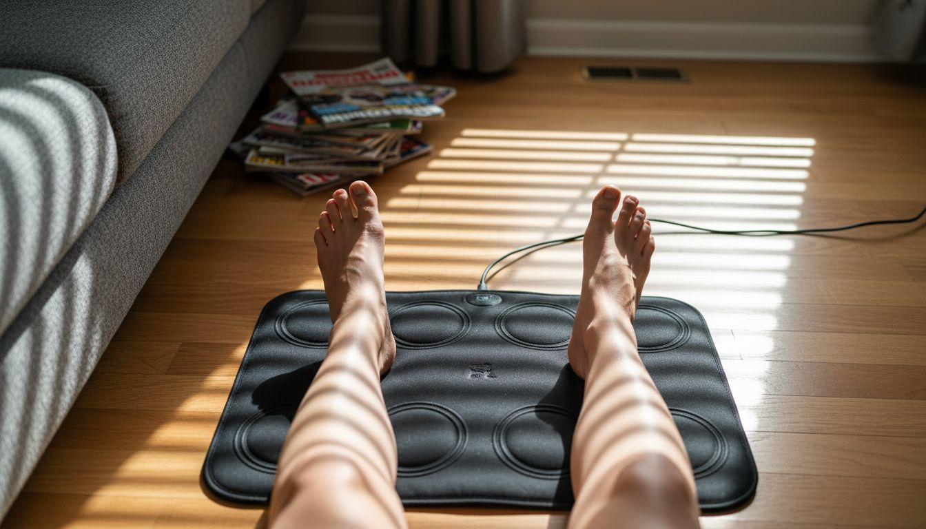 Close-up of feet on EMS foot massager mat