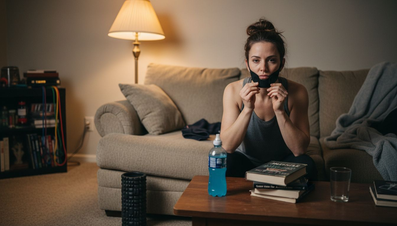 Person adjusting chin strap for recovery sleep