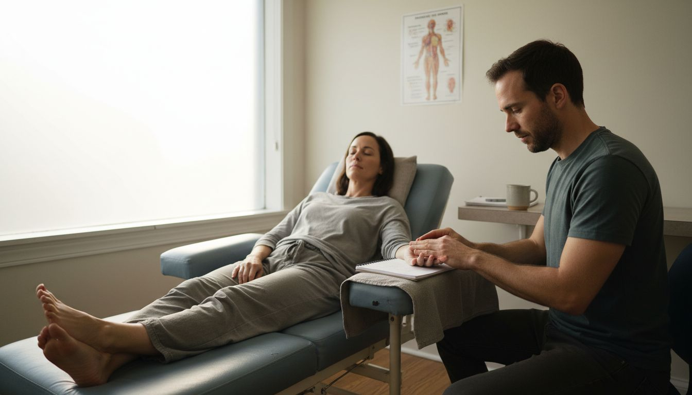 Therapist applying reflexology to hand nerves