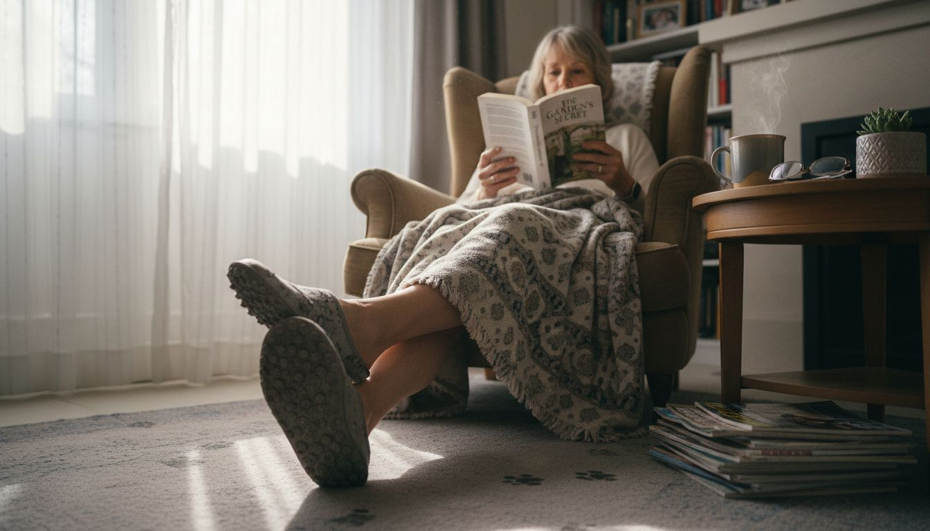 Woman using acupressure slippers in home setting