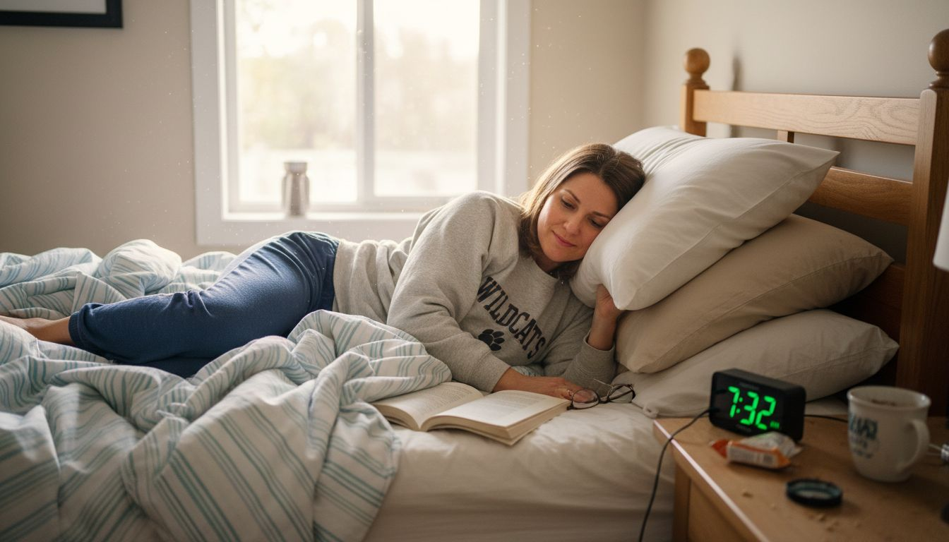Woman testing side sleeping pillow arrangement