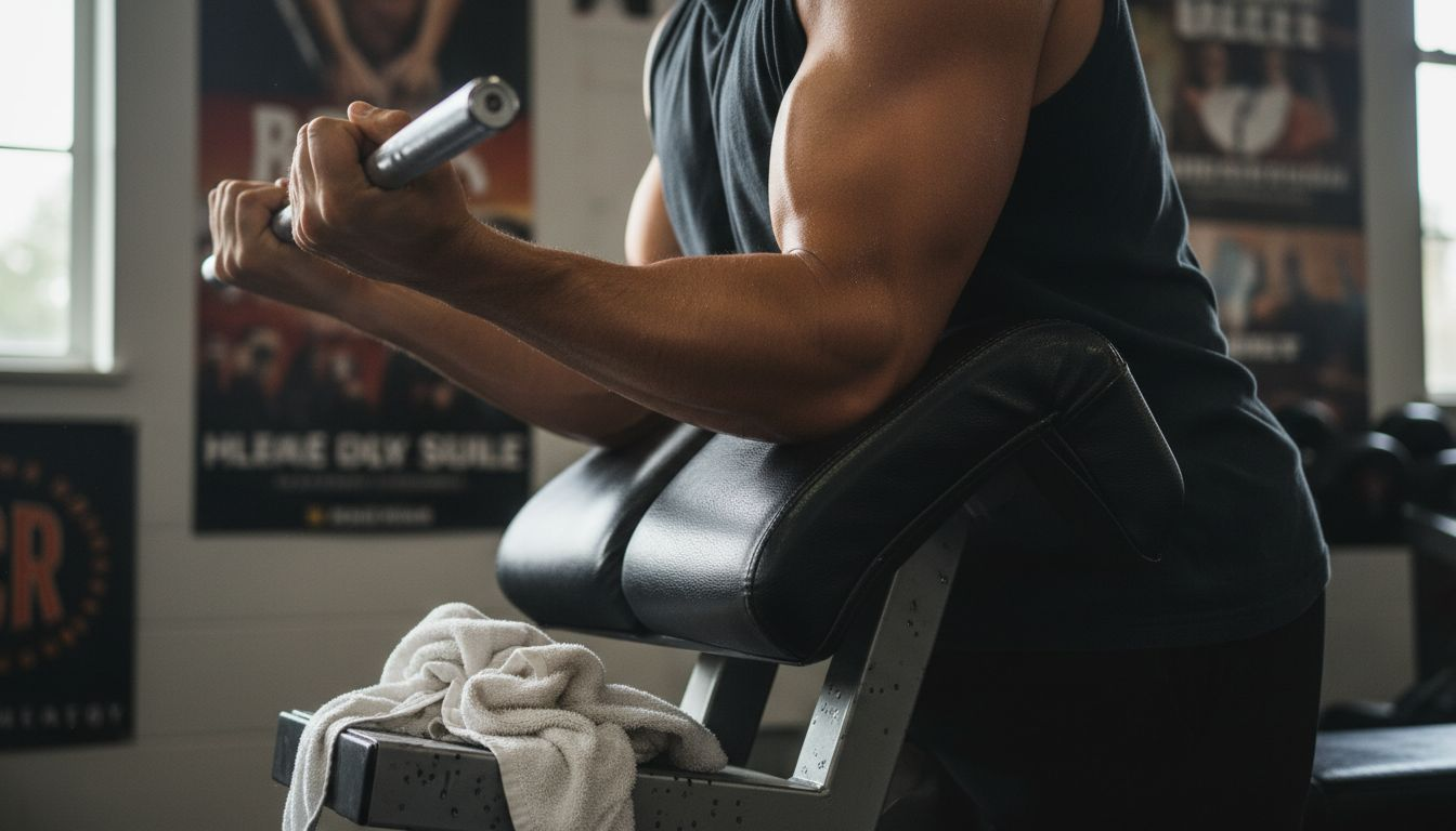 Close-up of biceps on preacher curl