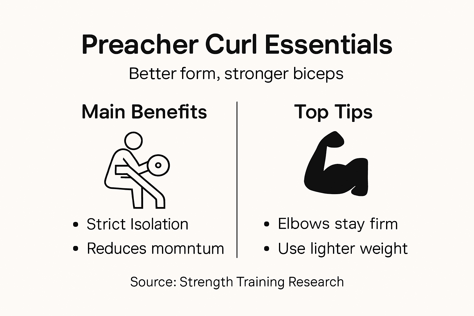 Infographic of preacher curl key benefits and tips