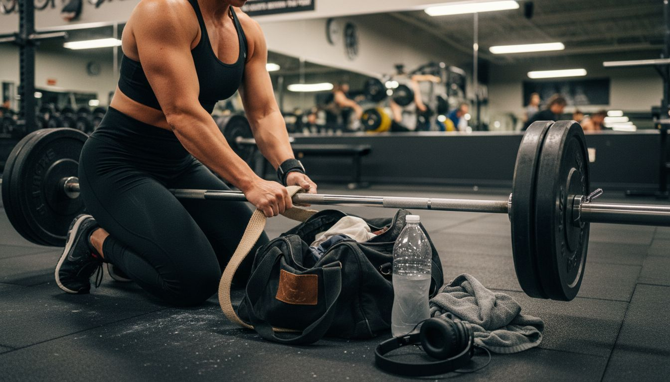 Woman using straps for deadlift grip