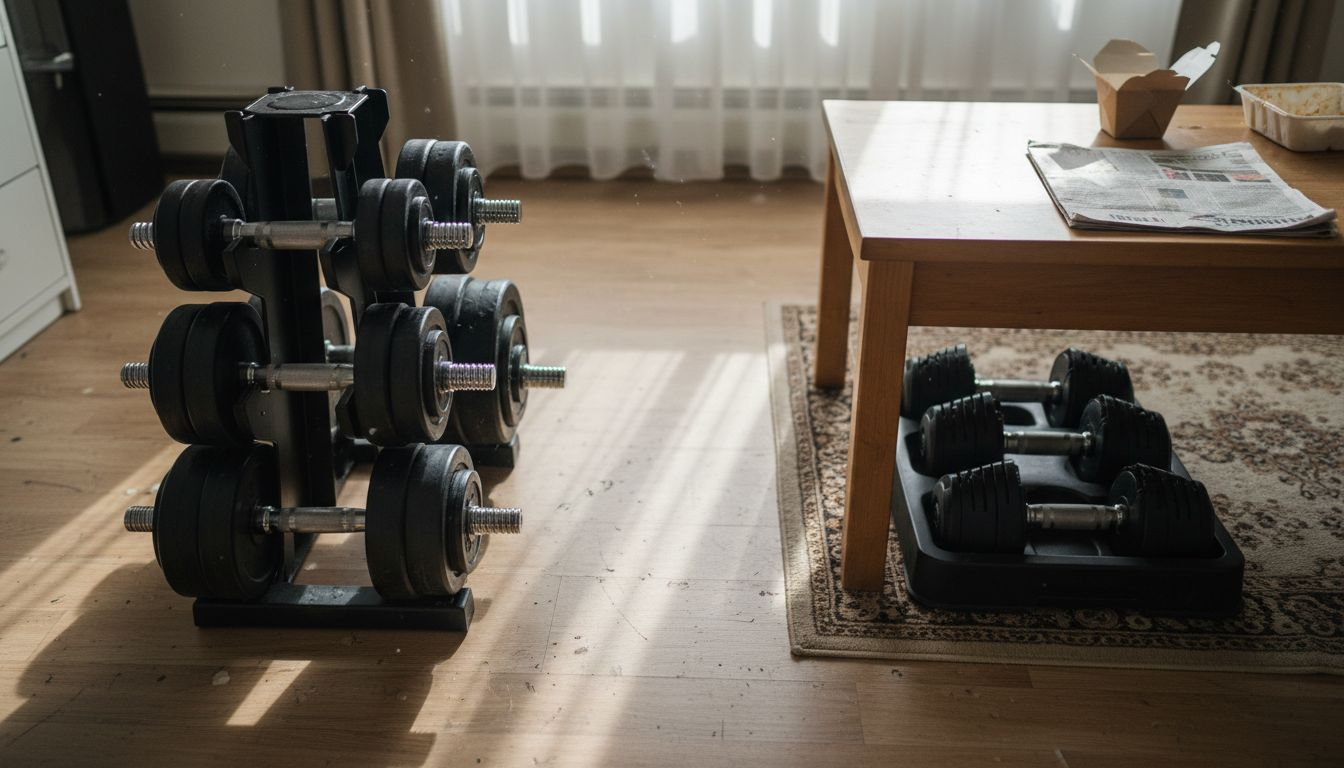 Adjustable versus fixed dumbbells space used