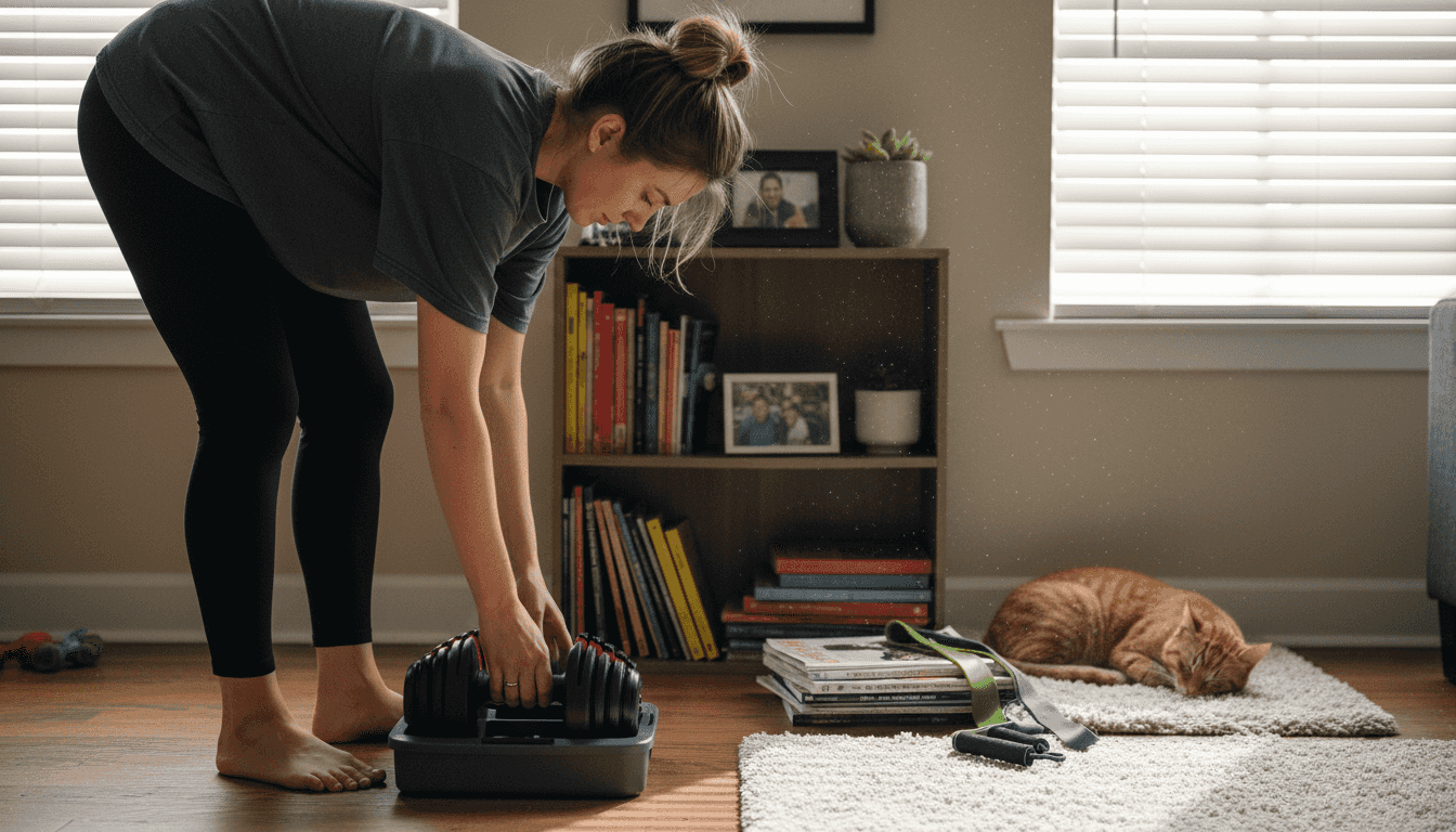 Woman storing adjustable dumbbell in living room tray