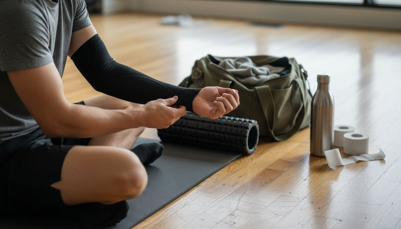 Athlete putting on compression sleeve recovery