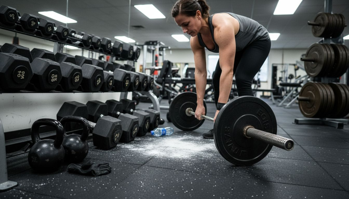 Woman choosing free weights in gym setting
