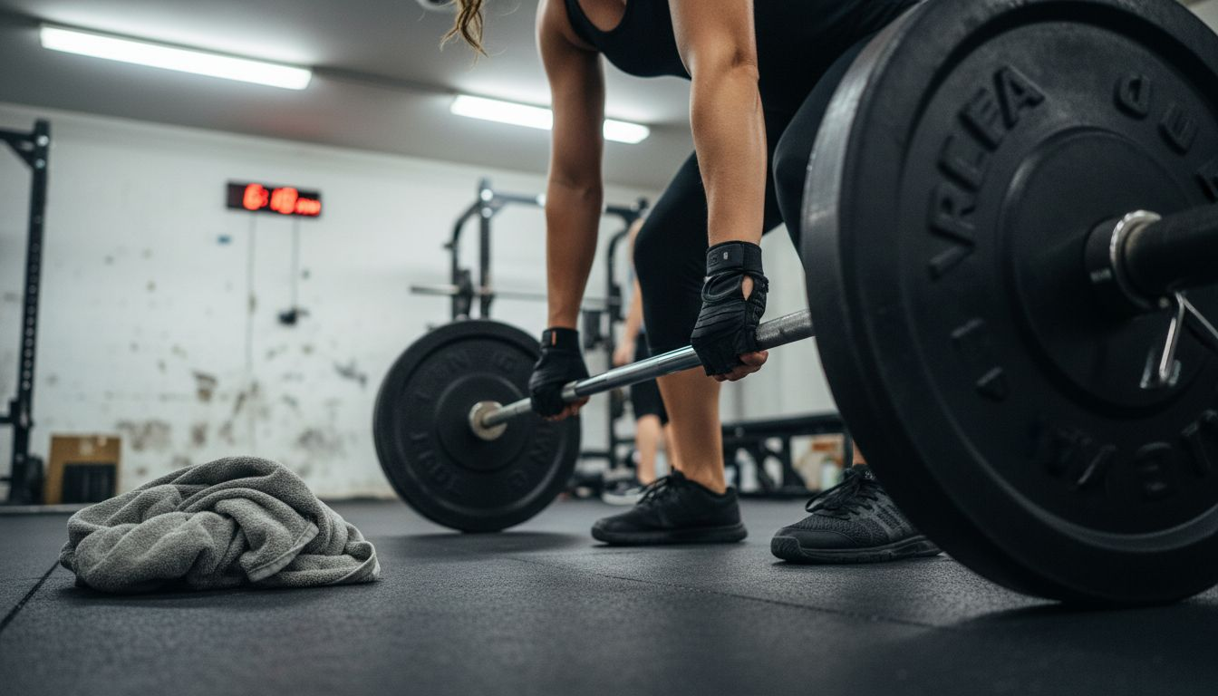 Woman gripping barbell with workout gloves