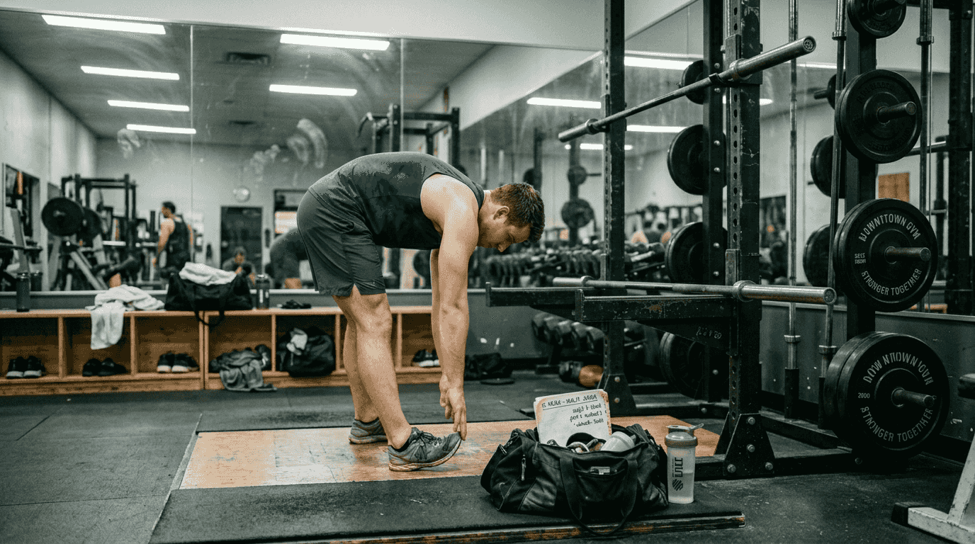 Athlete stretching near squat rack gym scene