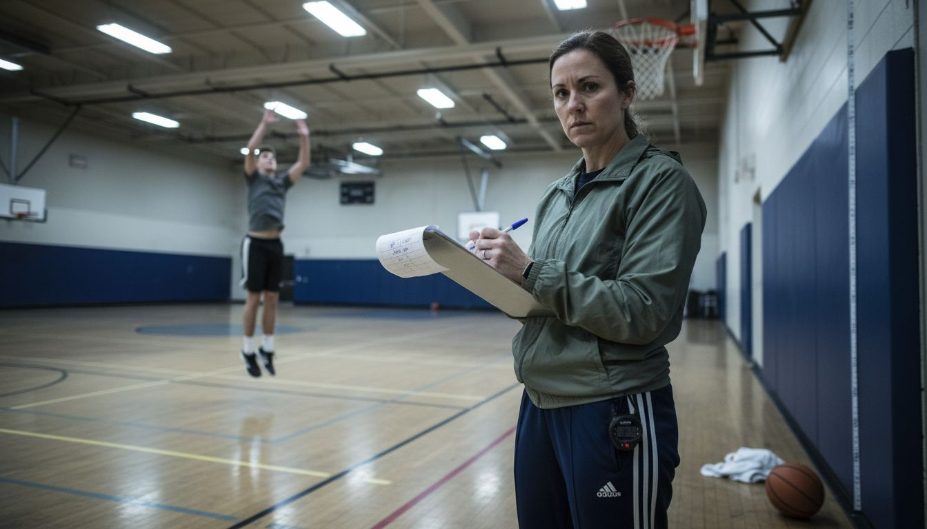Trainer recording athlete’s vertical jump improvement