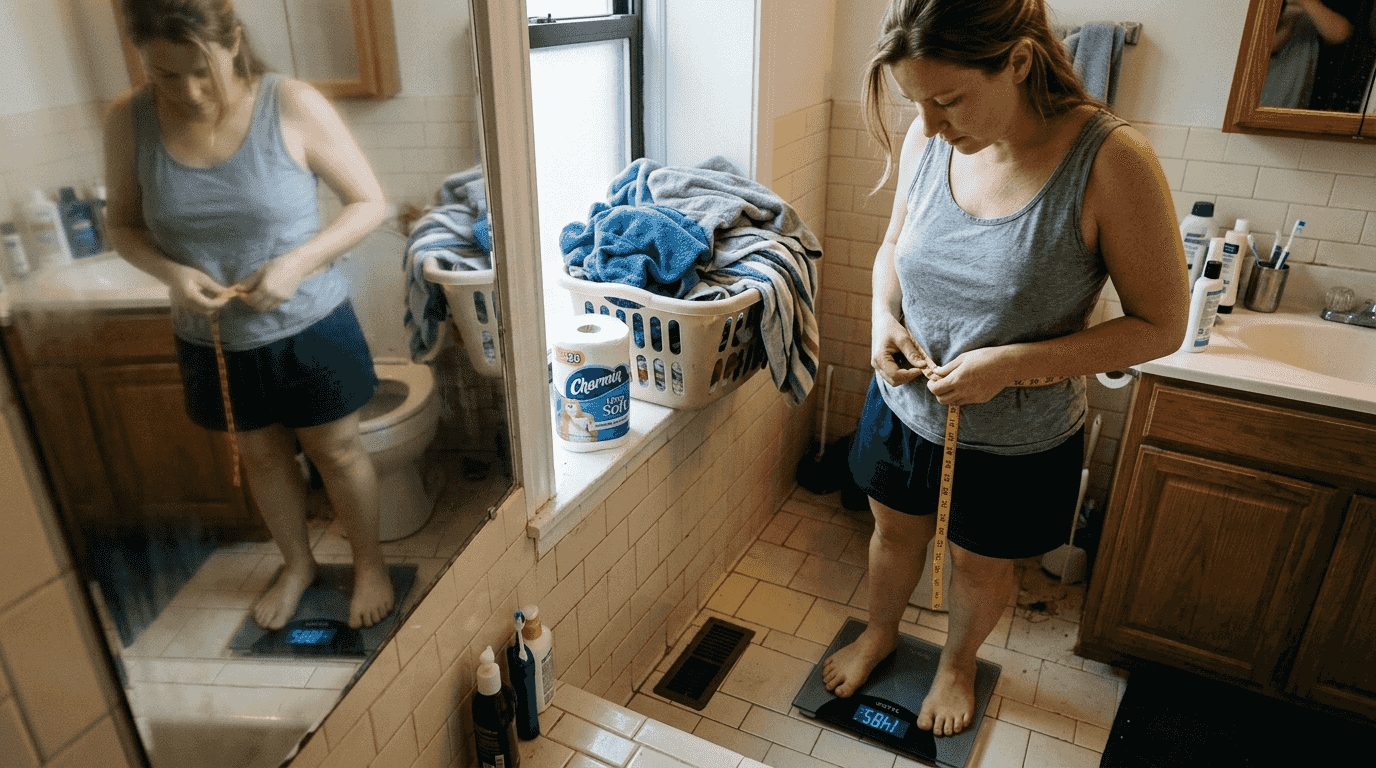 Woman weighing self measuring waist in bathroom
