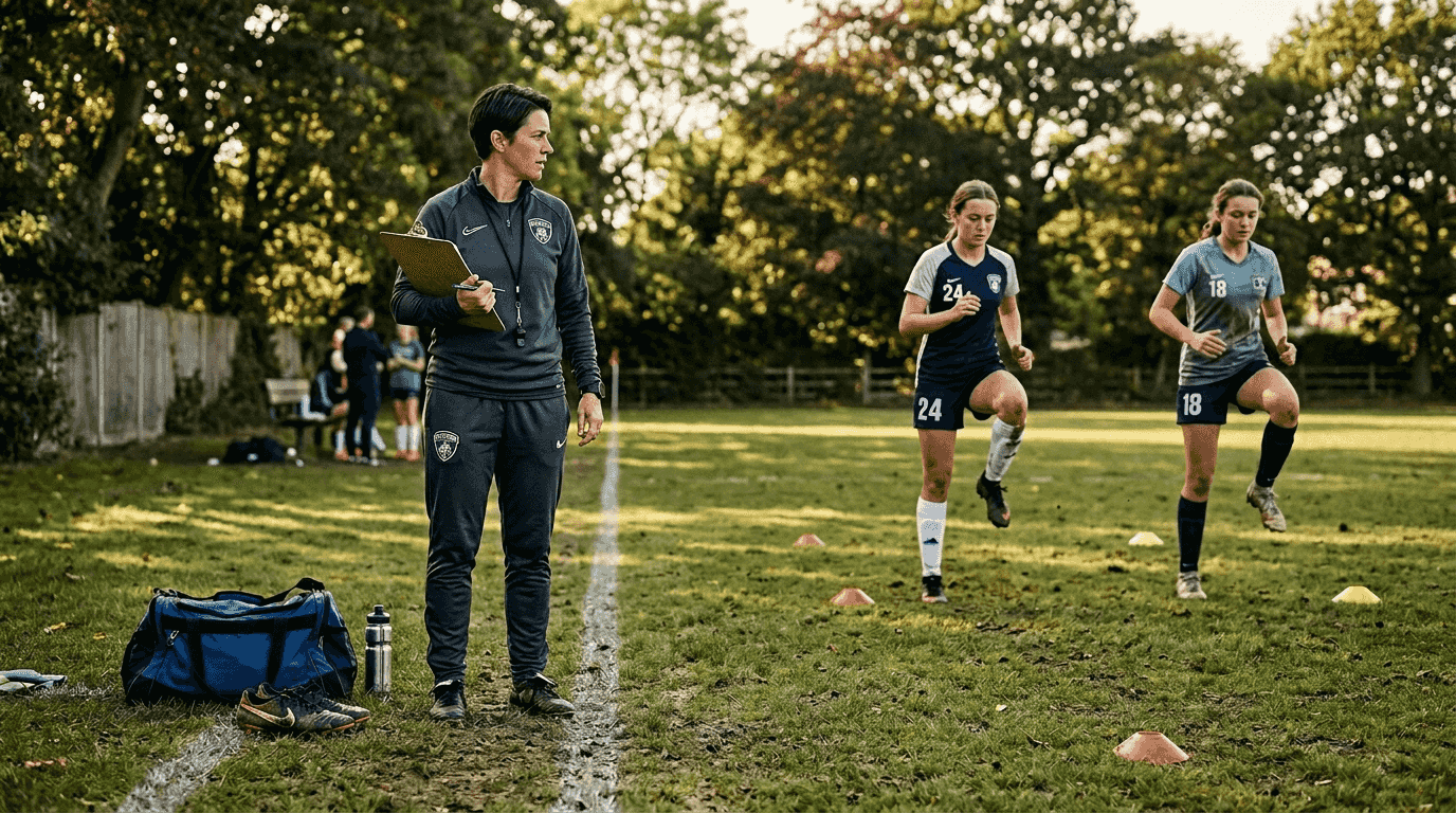 Coach supervising athletes’ dynamic warm-up