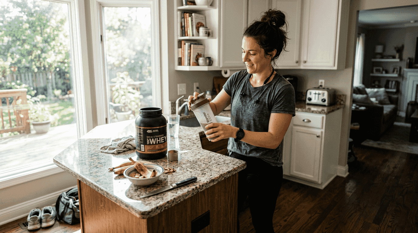 Woman mixing protein shake after workout