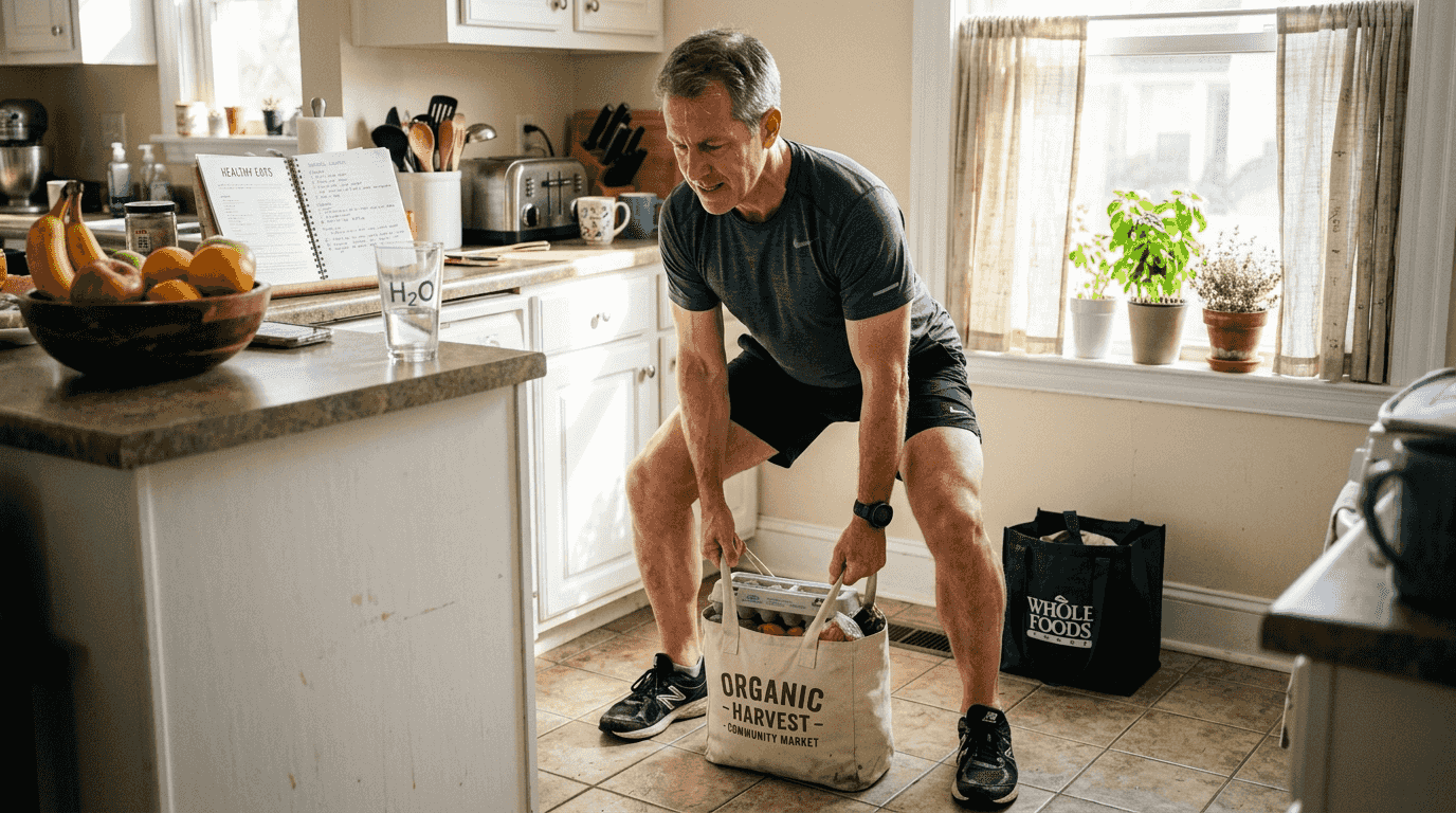 Man lifting groceries with functional movement