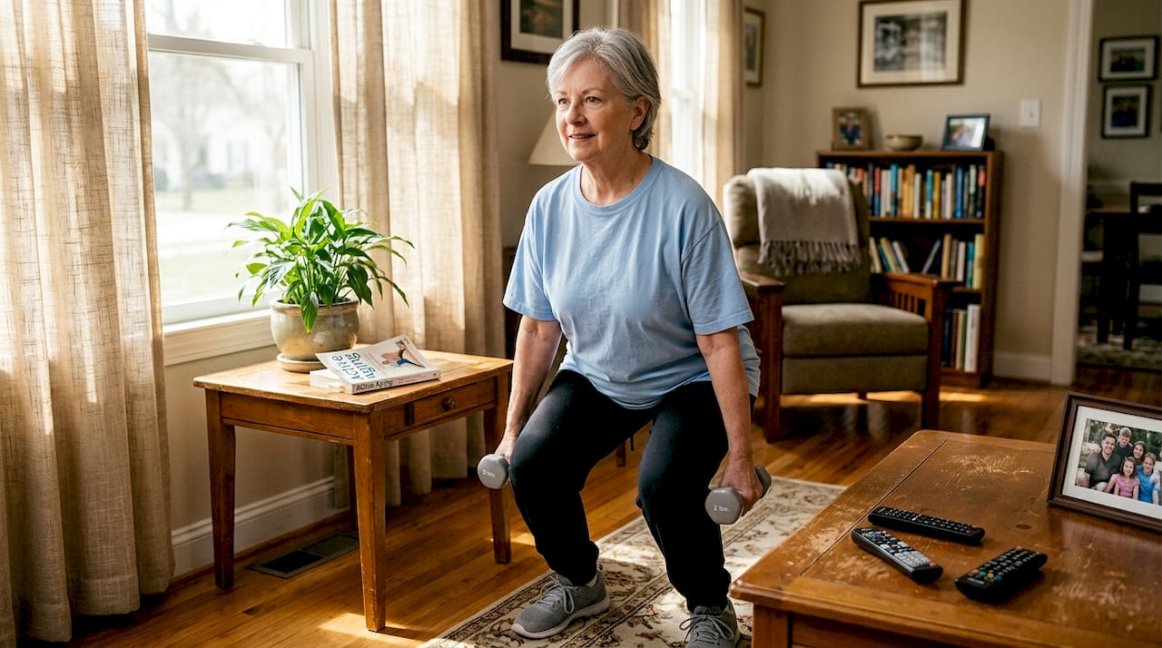 Older woman doing squats with dumbbells at home