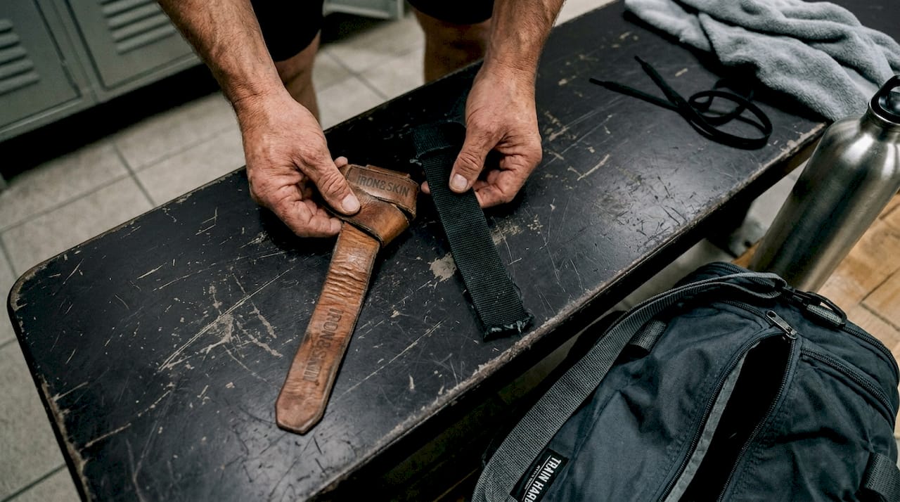 Hands comparing leather and nylon lifting straps