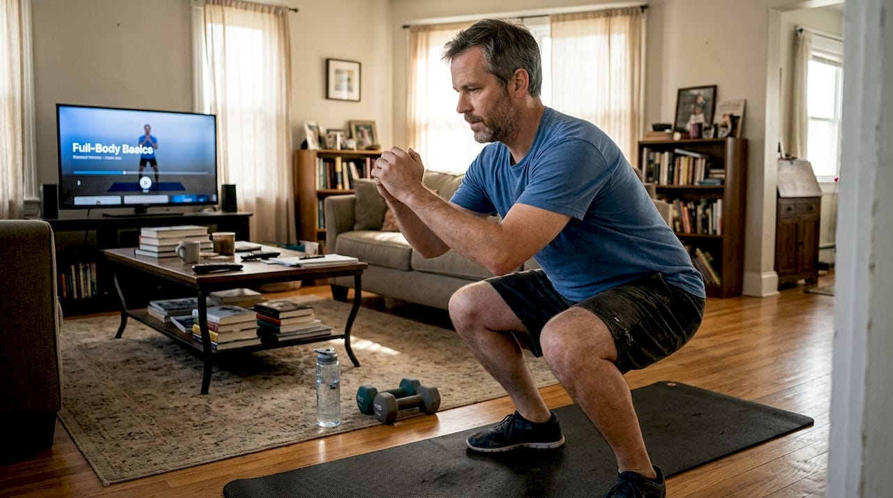 Man doing bodyweight squats in living room