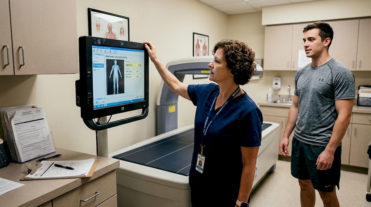 Technician preparing DEXA scan in clinic room