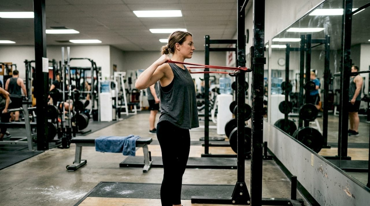 Woman practicing shoulder mobility in gym