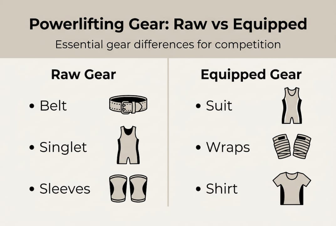 Infographic comparing raw and equipped powerlifting gear