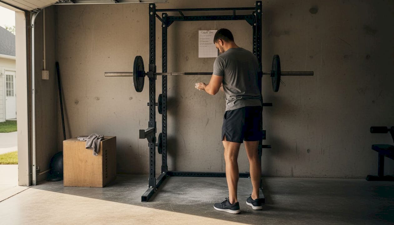 Man preparing barbell for home squats