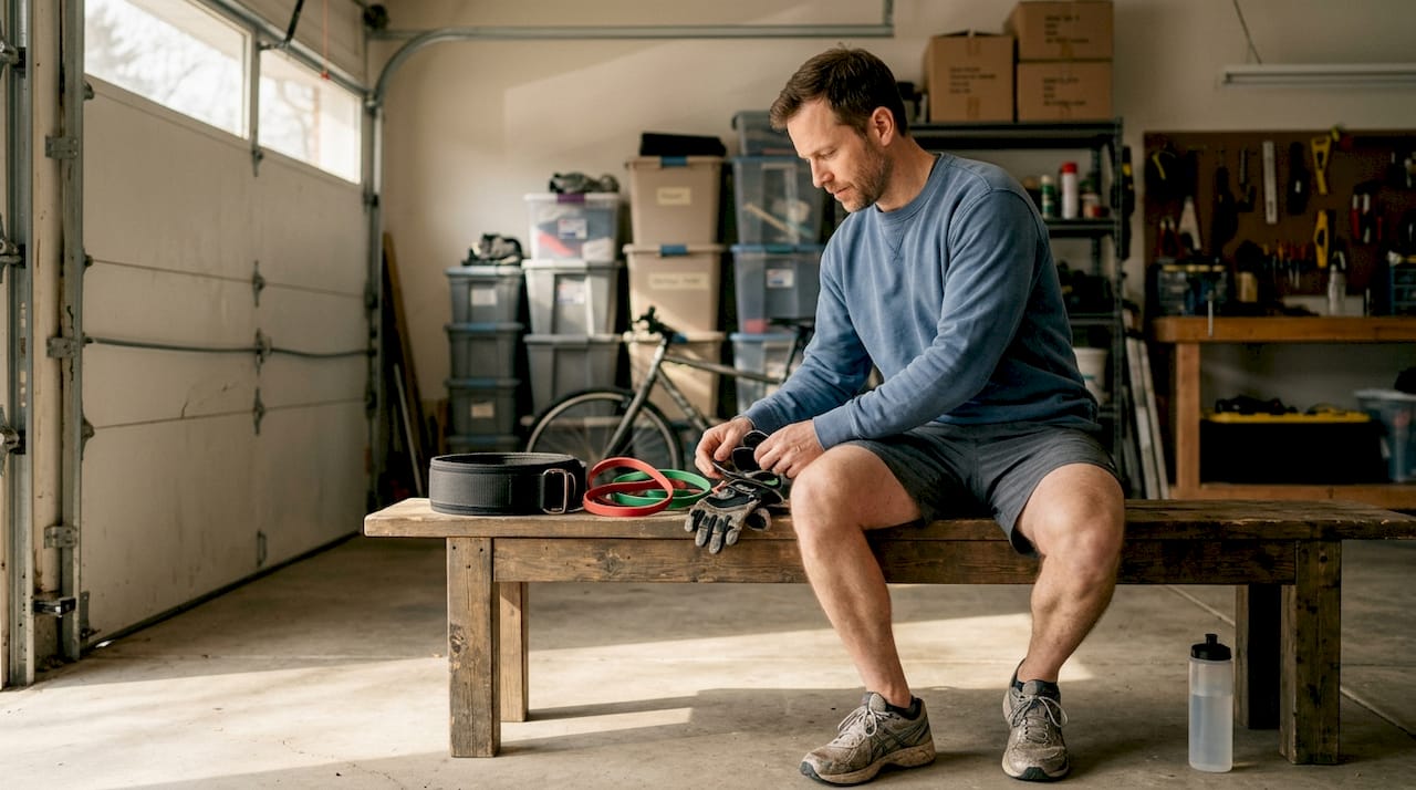 Man organizing minimal fitness gear in garage