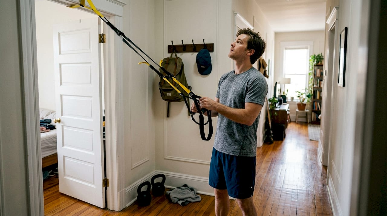 Man sets up suspension trainer in hallway