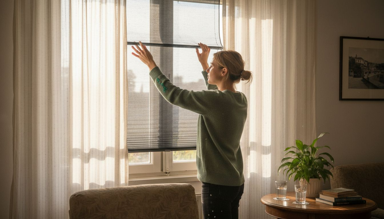 Žena montira plisiranu zaštitnu mrežu protiv insekata na prozor.