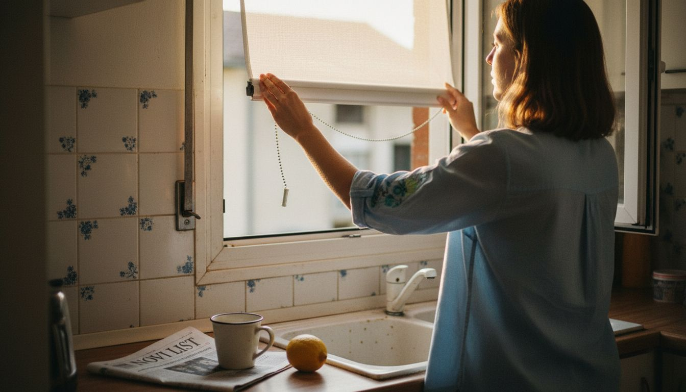 Žena povlači rolo zavesu na kuhinjskom prozoru.
