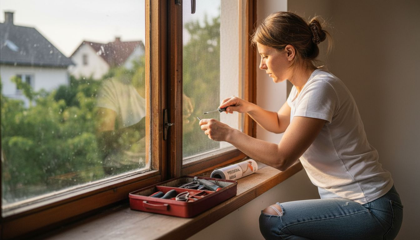 Žena postavlja mrežicu za komarce na prozor.
