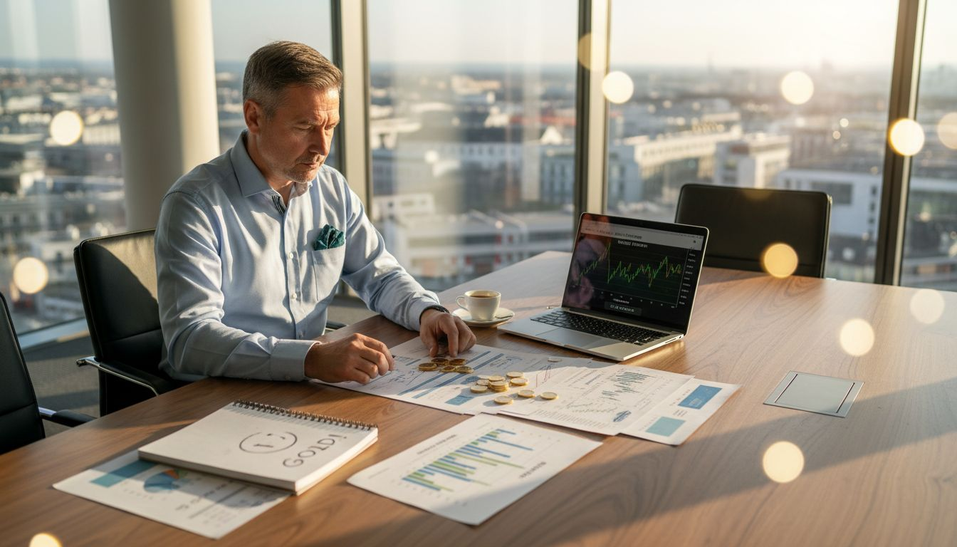 Ein Analyst wirft im Besprechungsraum einen genauen Blick auf die aktuellen Goldpreisentwicklungen.