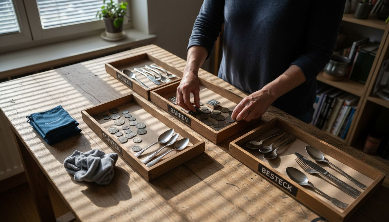 Eine Frau sortiert ihr Silber sorgfältig und legt die einzelnen Stücke in verschiedene Aufbewahrungsbehälter.