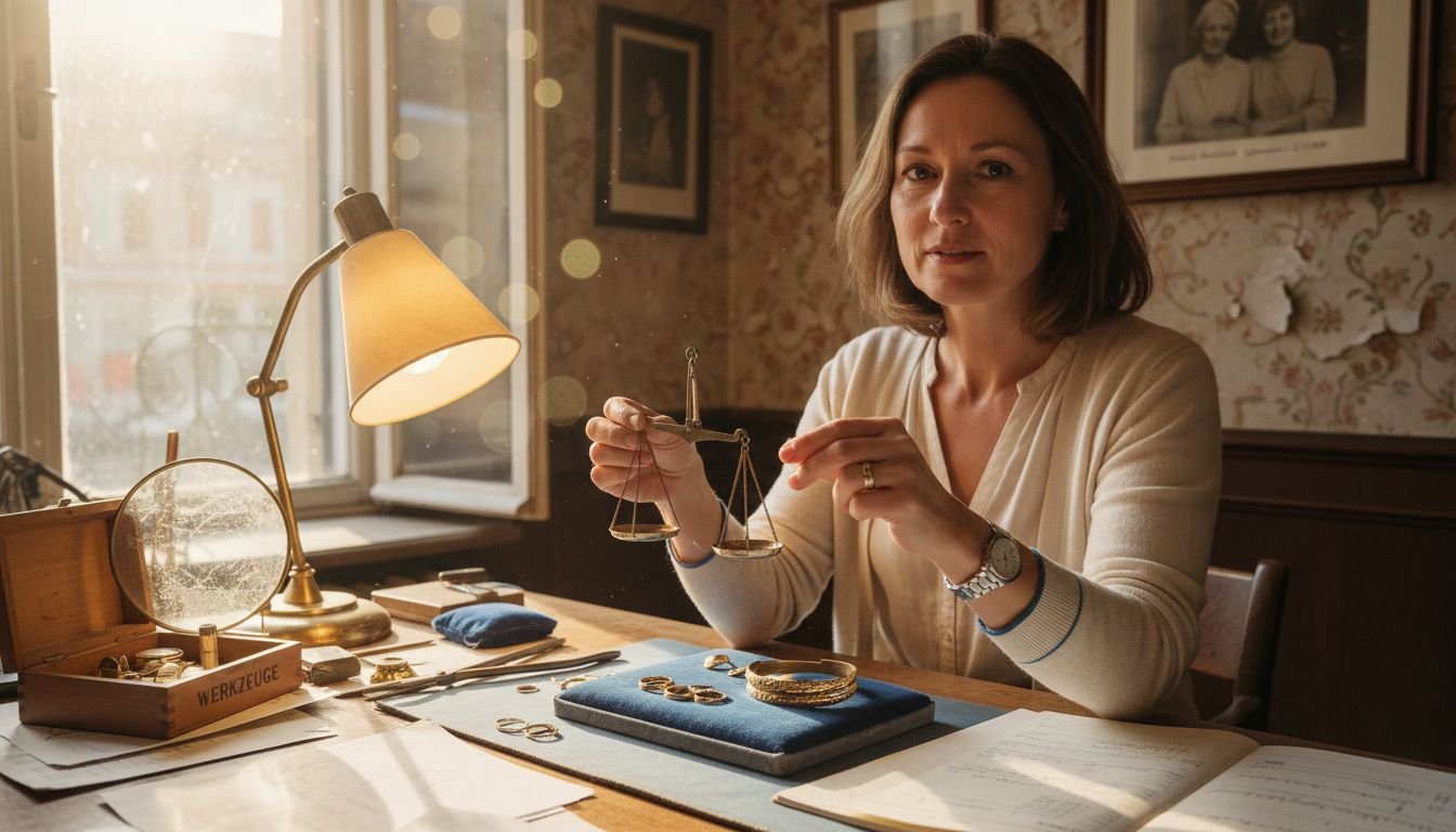 Ein Fachmann begutachtet Goldschmuck, der auf dem Tisch liegt.