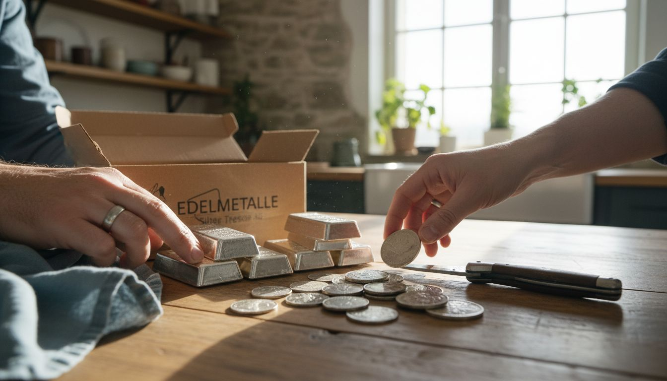 Mit den Händen werden Silberbarren und Münzen nebeneinander betrachtet und miteinander verglichen.