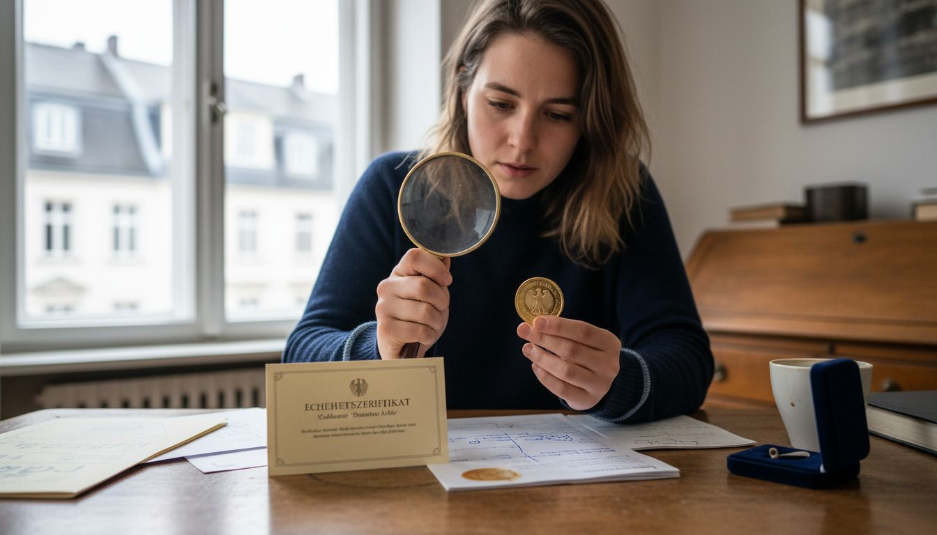 Eine Frau begutachtet eine Münze mit einer Lupe an ihrem Schreibtisch.