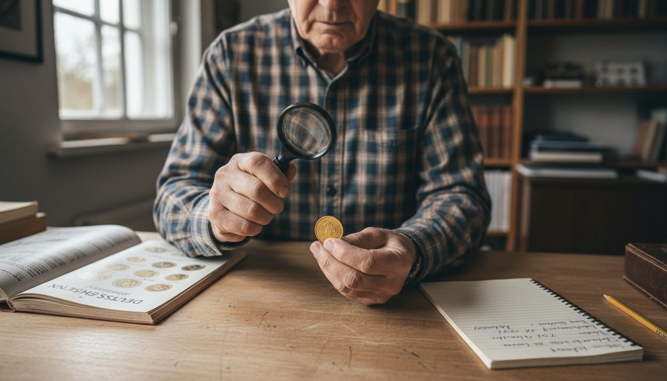 Ein Mann begutachtet eine Goldmünze und vergleicht sie mit den Angaben im Münzkatalog.