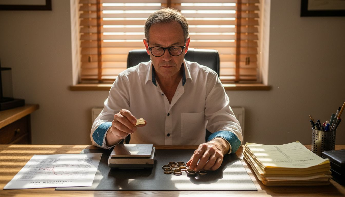 Ein Goldhändler prüft das Gewicht eines Barrens sowie alter Goldringe.