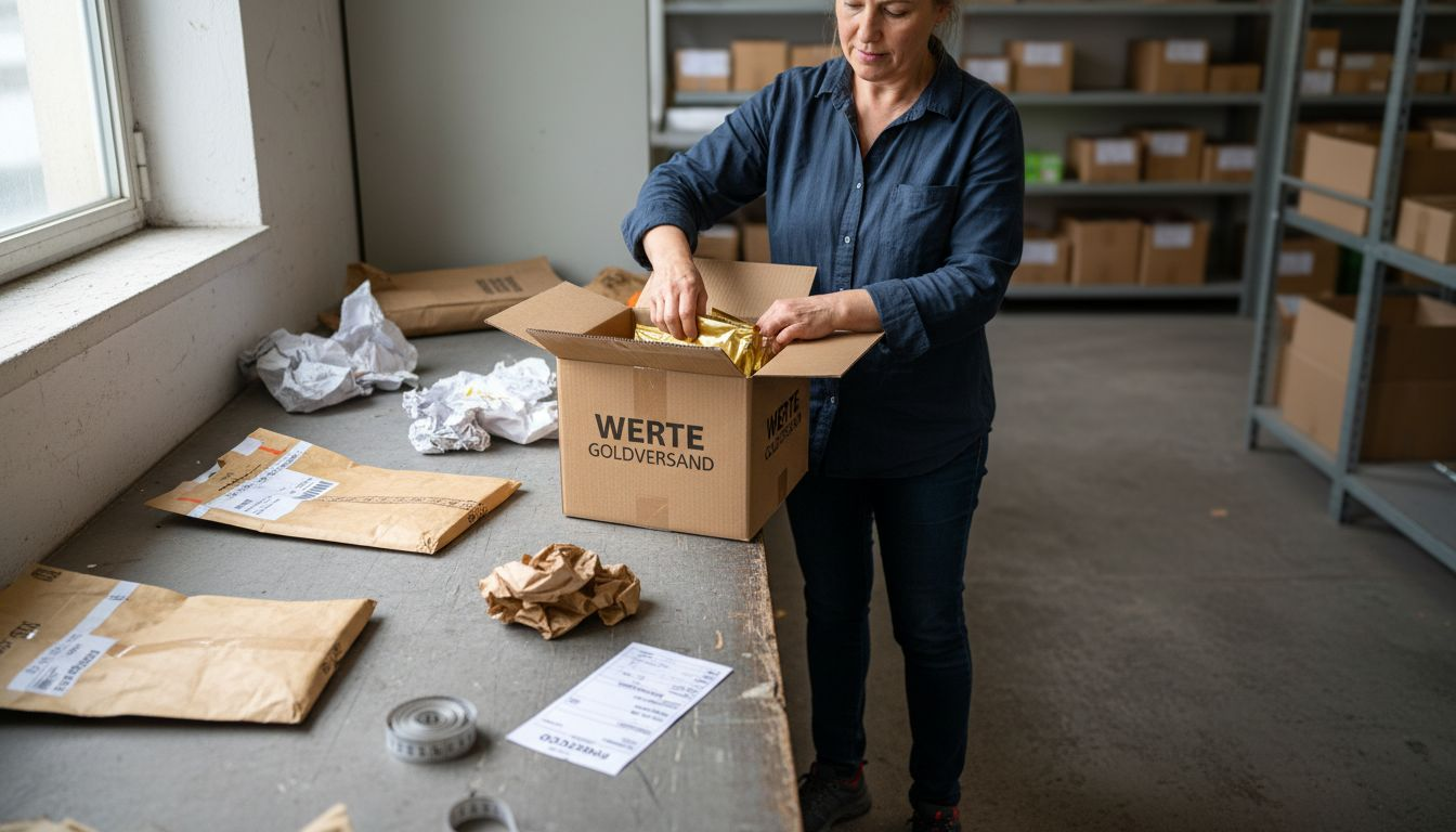 Eine Frau verstaut Gold sorgfältig in einem Karton, um es sicher aufzubewahren.