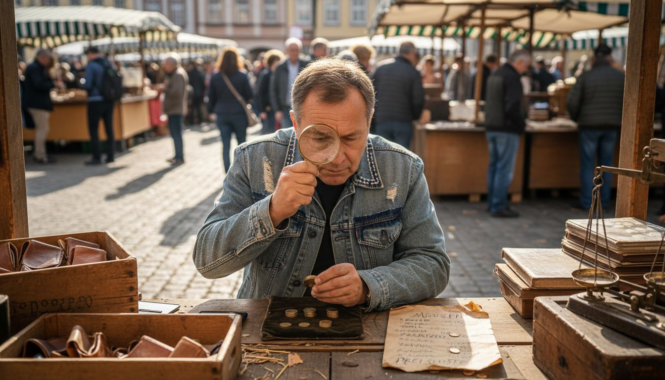 Ein Händler begutachtet auf dem Wochenmarkt sorgfältig einige Goldmünzen.