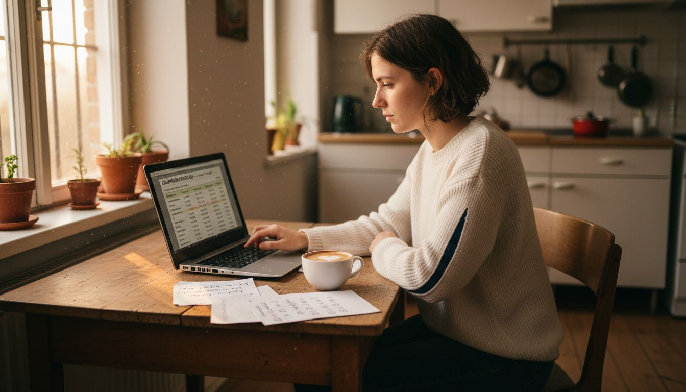 Eine Frau sitzt am Küchentisch und prüft verschiedene Goldpreise.