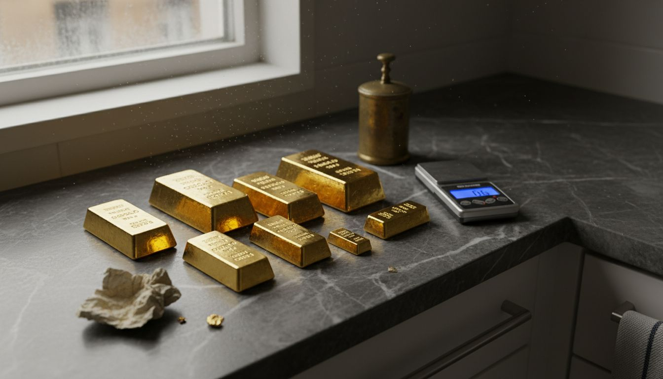 Goldbarren in unterschiedlichen Größen, ordentlich aneinandergereiht