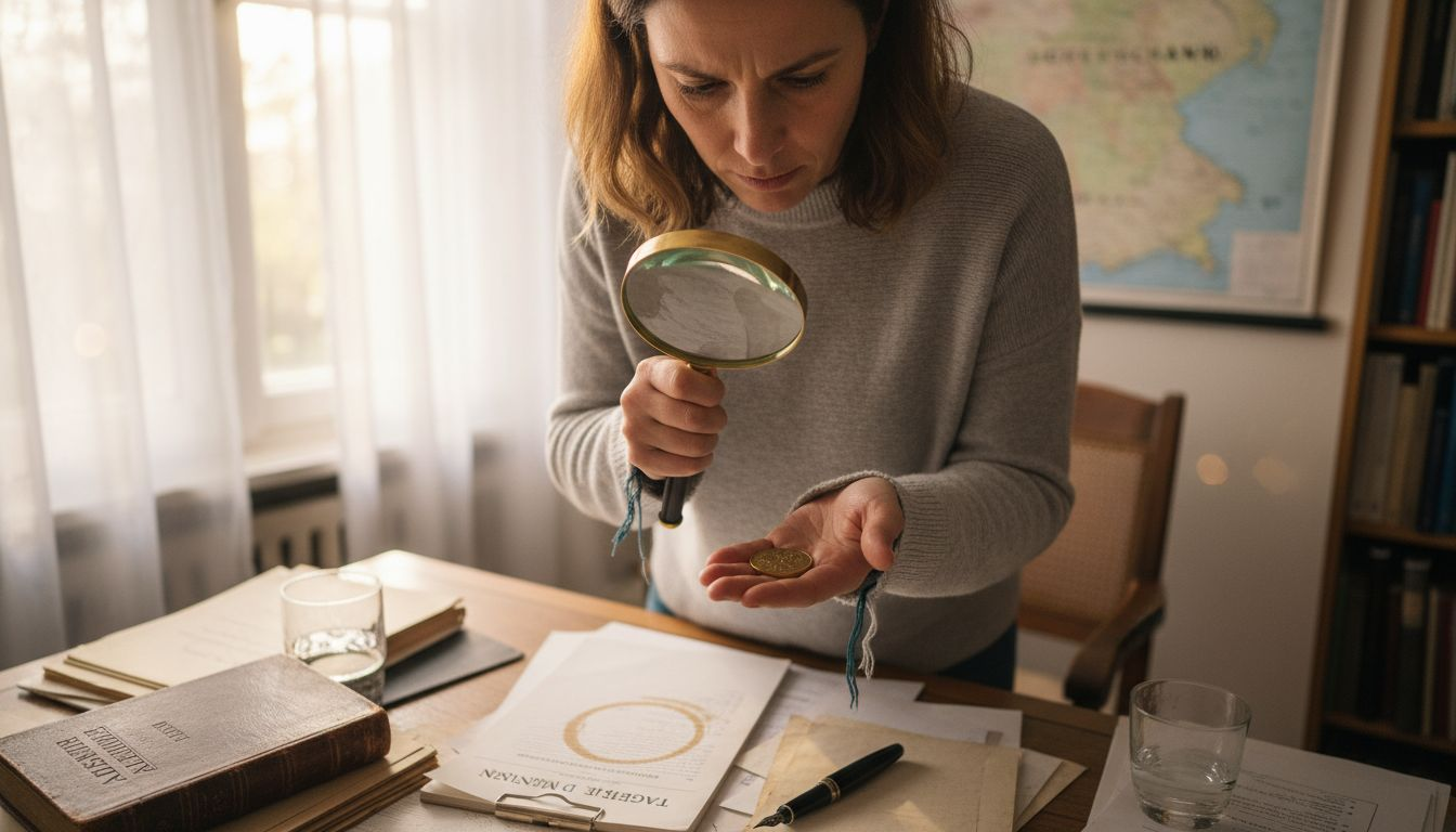 Eine Frau begutachtet aufmerksam eine Goldmünze und das zugehörige Echtheitszertifikat.