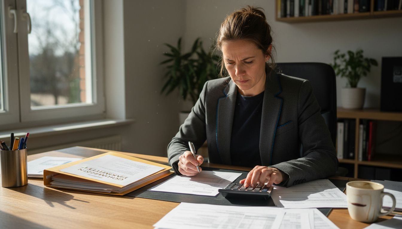 Eine Frau sitzt am Schreibtisch und prüft, welche Steuervorteile sich beim Kauf von Gold ergeben.