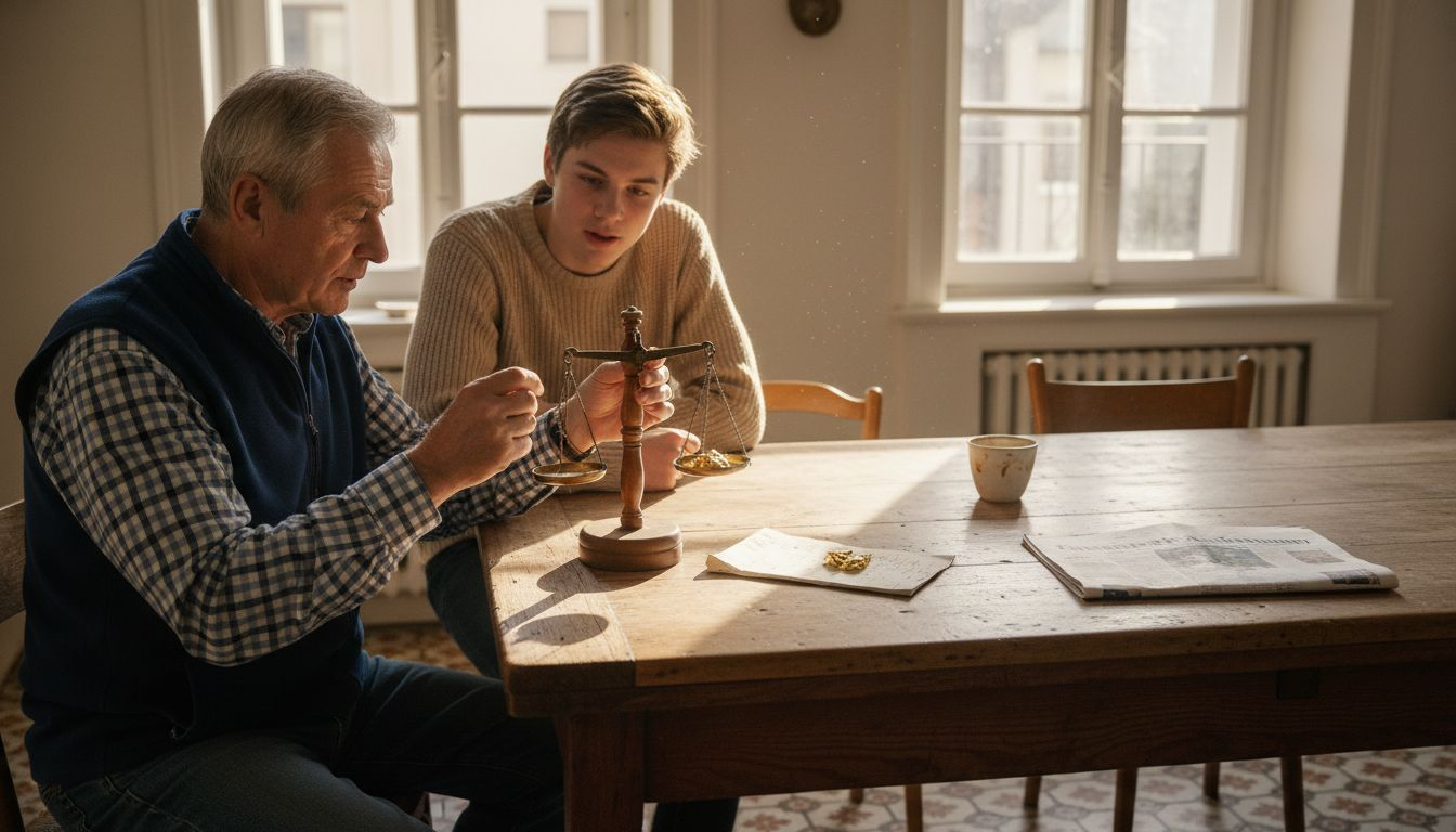 Ein Großvater erklärt seinem Enkel, wie Recyclinggold auf einer kleinen Waage gewogen wird.