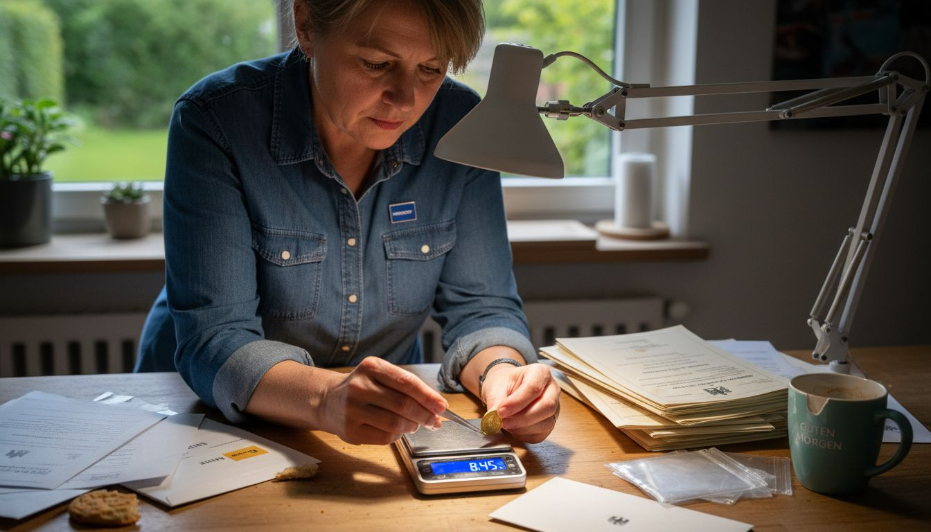 Eine Frau prüft Goldmünzen auf Echtheit, während sie am Küchentresen steht.