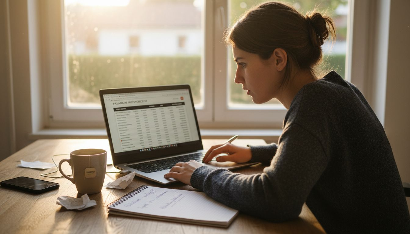 Eine Frau informiert sich am Laptop über die aktuellen Palladiumpreise und vergleicht verschiedene Angebote online.