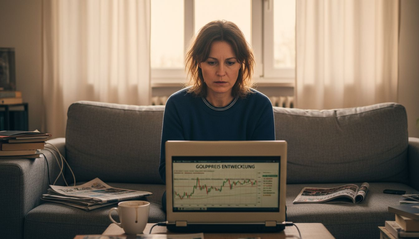 Eine Frau verfolgt im Wohnzimmer am Laptop die Entwicklung des Goldpreises.